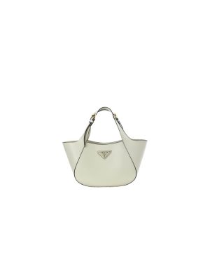 White Prada Medium Enamel Triangle Logo Leather Tote Bag (Best
 grade)