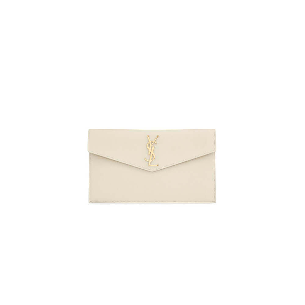 white YSL UPTOWN POUCH IN GRAIN DE POUDRE EMBOSSED LEATHER
