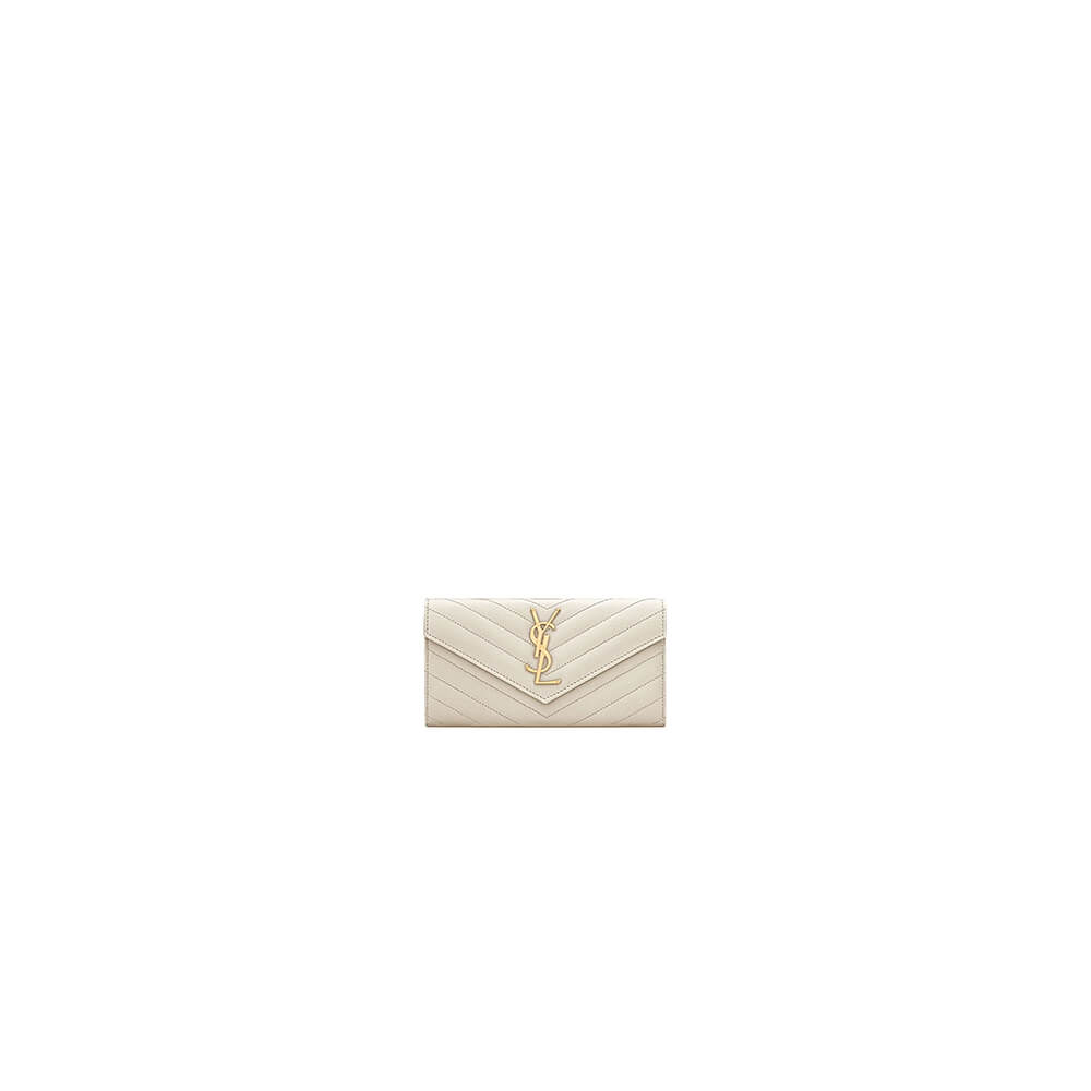 White YSL CASSANDRE MATELASSE LARGE FLAP WALLET IN GRAIN DE POUDRE LEATHER
