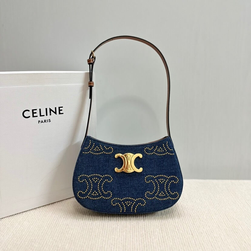 CELINE TILLY TRIOMPHE Medium Bag in Studded Denim and Calfskin - Image 2