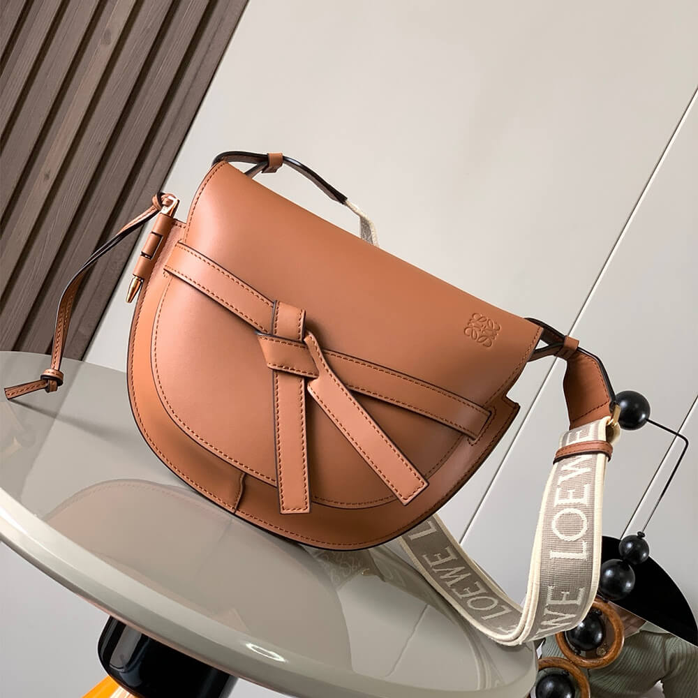 Tan Loewe Small Gate bag in soft calfskin and jacquard - Image 2