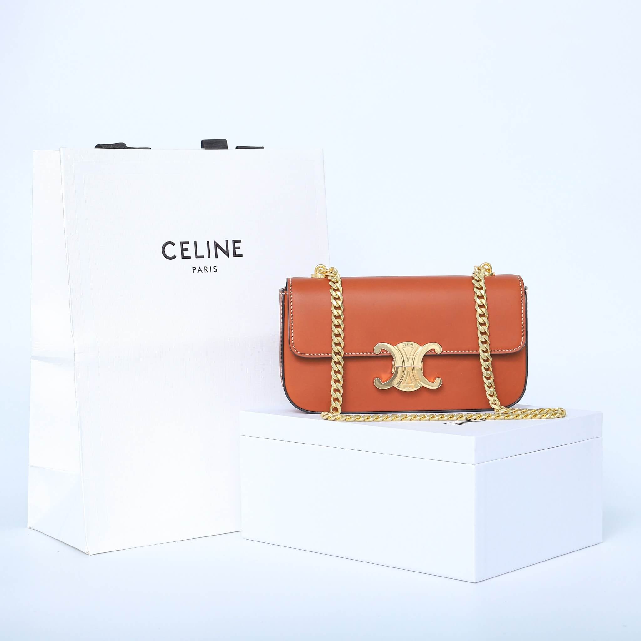 Brown CELINE CLAUDE shiny cowhide leather chain shoulder bag - Image 2