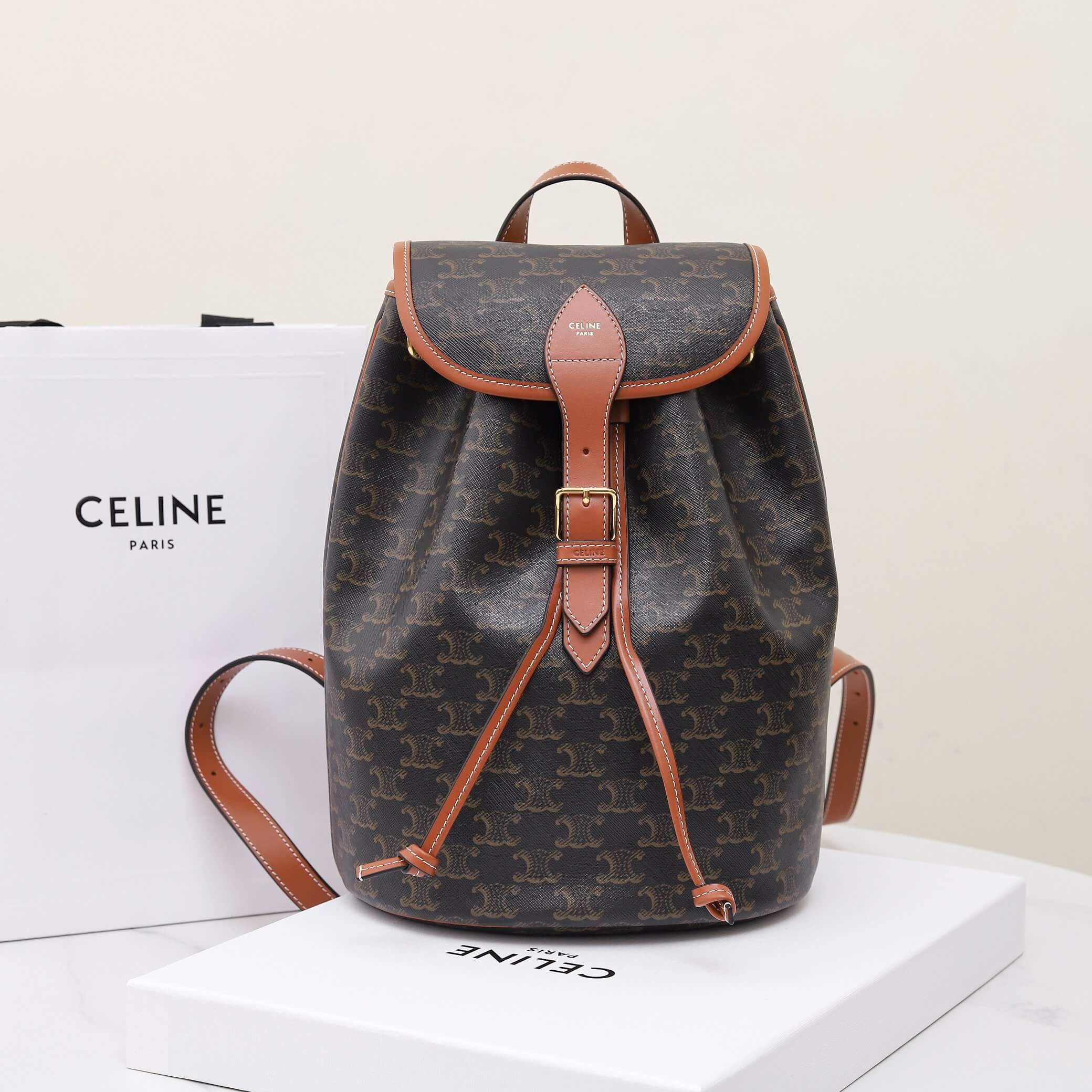 CELINE FOLCO Logo Print Calfskin Medium Backpack - Image 2