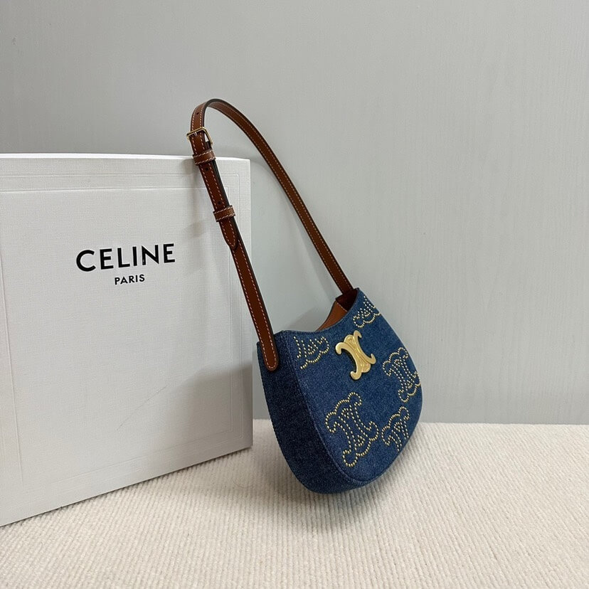 CELINE TILLY TRIOMPHE Medium Bag in Studded Denim and Calfskin - Image 3