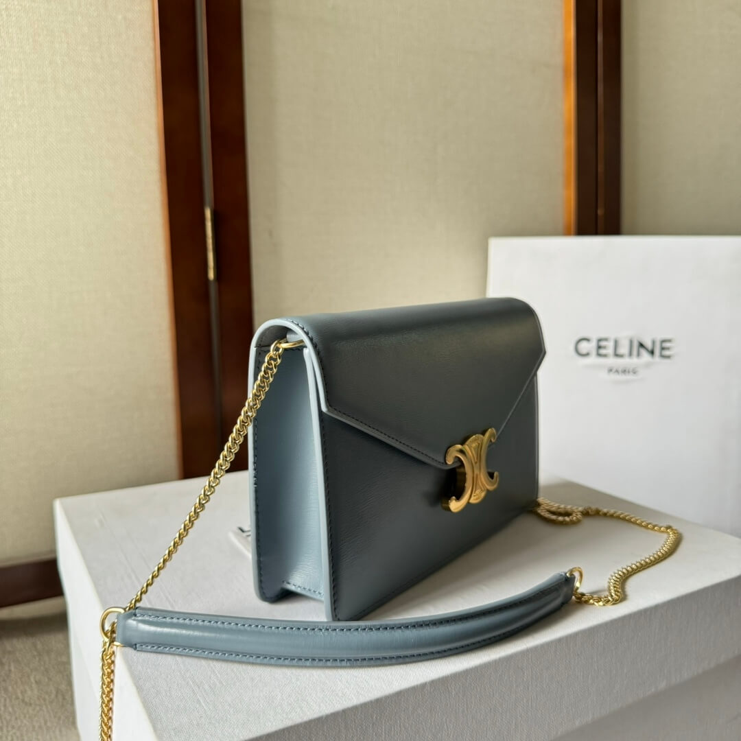 Light blue Light blue CELINE MARGO Shiny Calfskin Leather Chain Wallet - Image 3