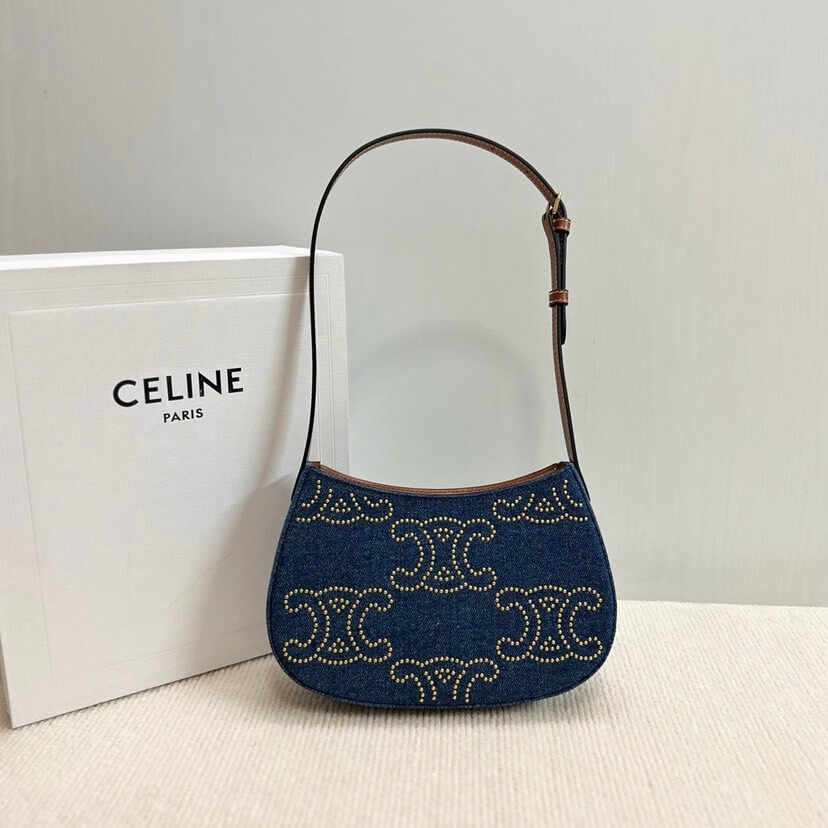 CELINE TILLY TRIOMPHE Medium Bag in Studded Denim and Calfskin - Image 4