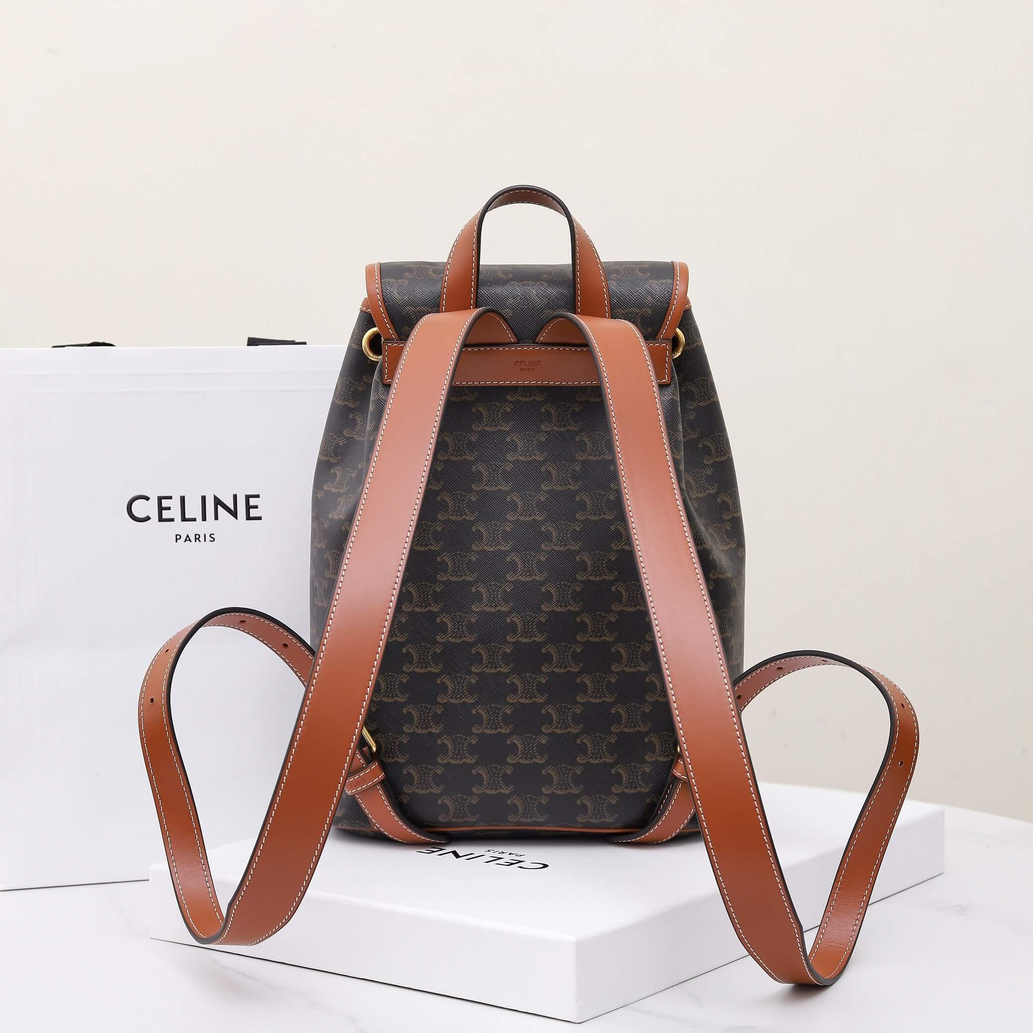 CELINE FOLCO Logo Print Calfskin Medium Backpack - Image 4