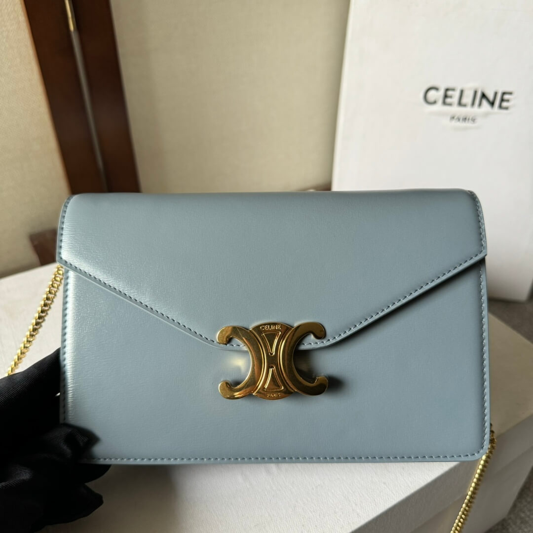 Light blue Light blue CELINE MARGO Shiny Calfskin Leather Chain Wallet - Image 6