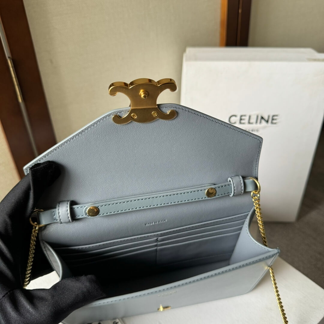 Light blue Light blue CELINE MARGO Shiny Calfskin Leather Chain Wallet - Image 8