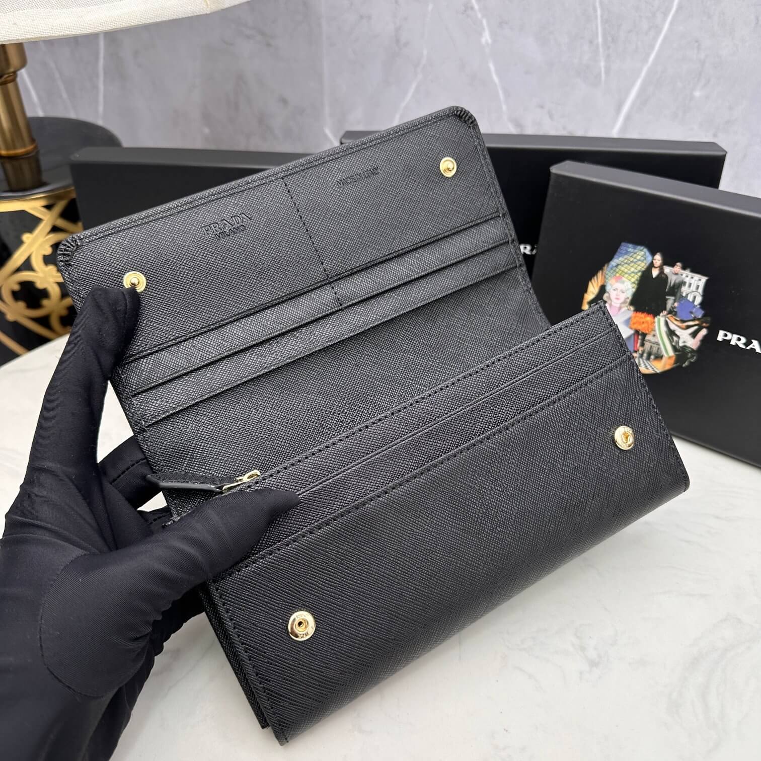 Black Prada Large Saffiano Leather Wallet - Image 6