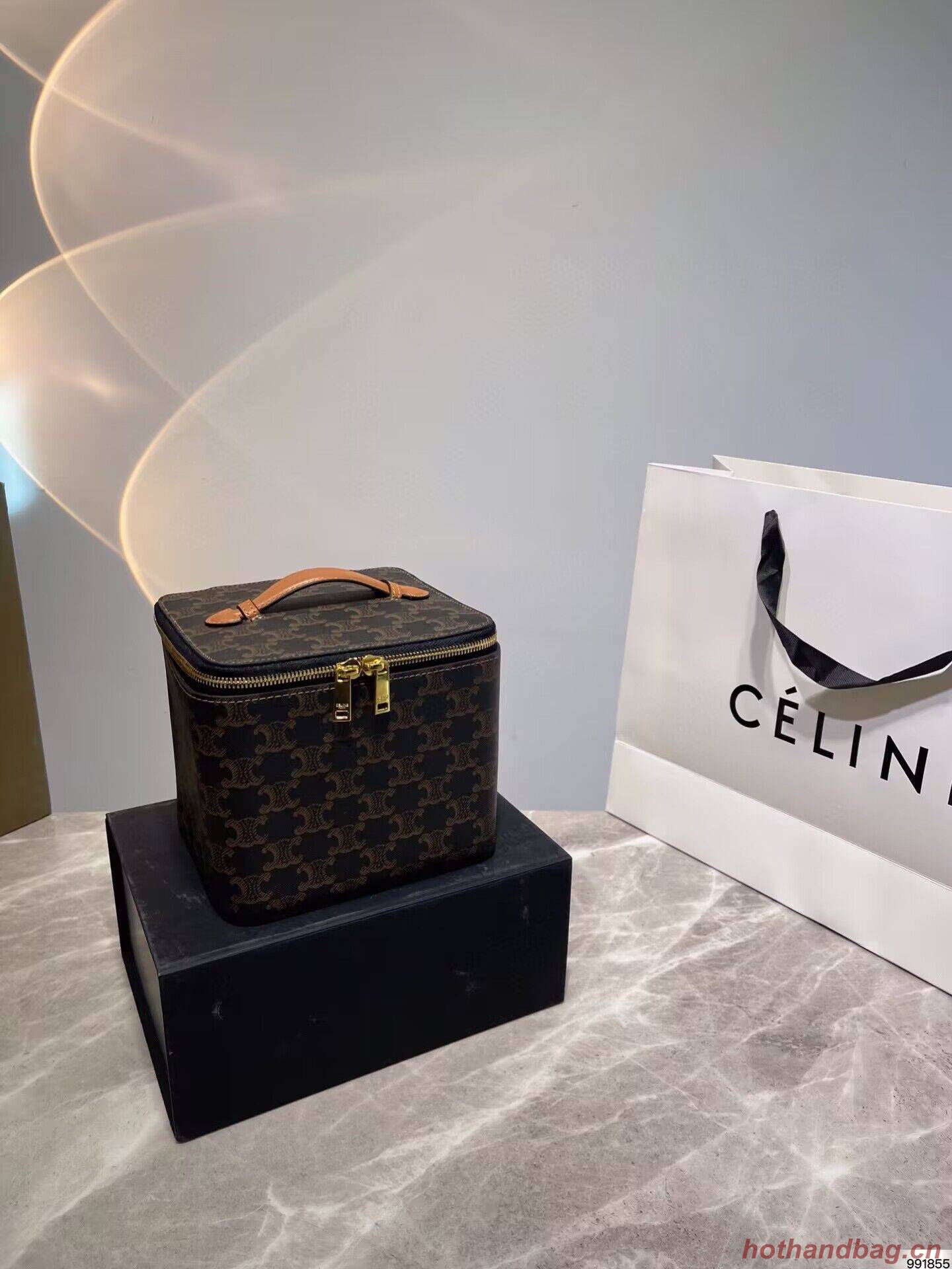 Celine Square Vanity Case In Triomphe Canvas And Calfskin 956437 Tan Celine Square Vanity Case In Triomphe Canvas And Calfskin 956437 Tan