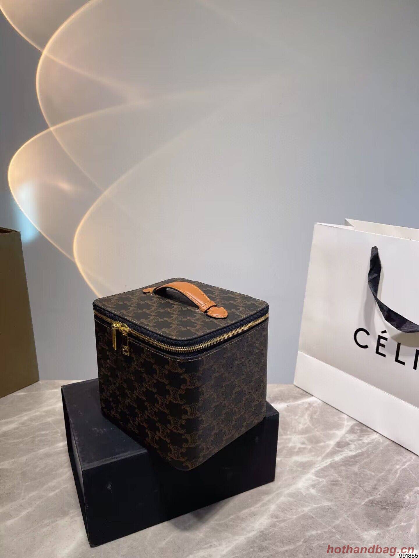 Celine Square Vanity Case In Triomphe Canvas And Calfskin 956437 Tan Celine Square Vanity Case In Triomphe Canvas And Calfskin 956437 Tan