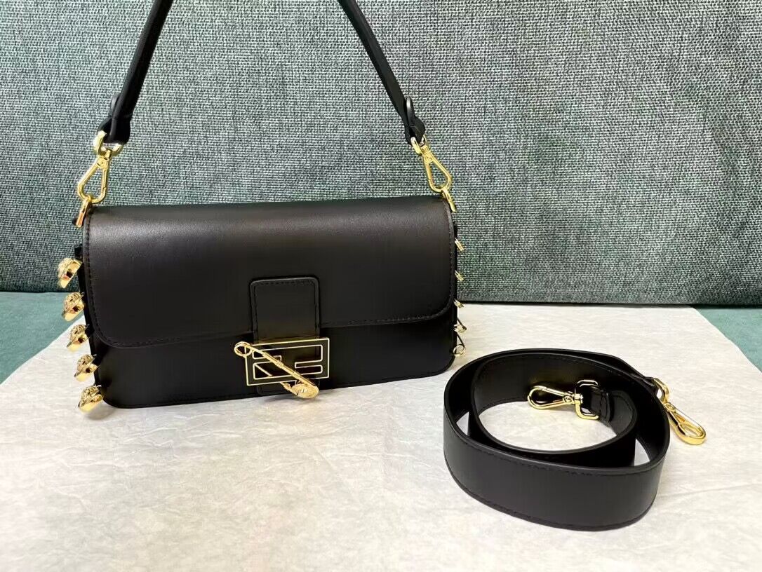 Fendi and Versace Original Leather Baguette Bag 56871 Black Fendi and Versace Original Leather Baguette Bag 56871 Black