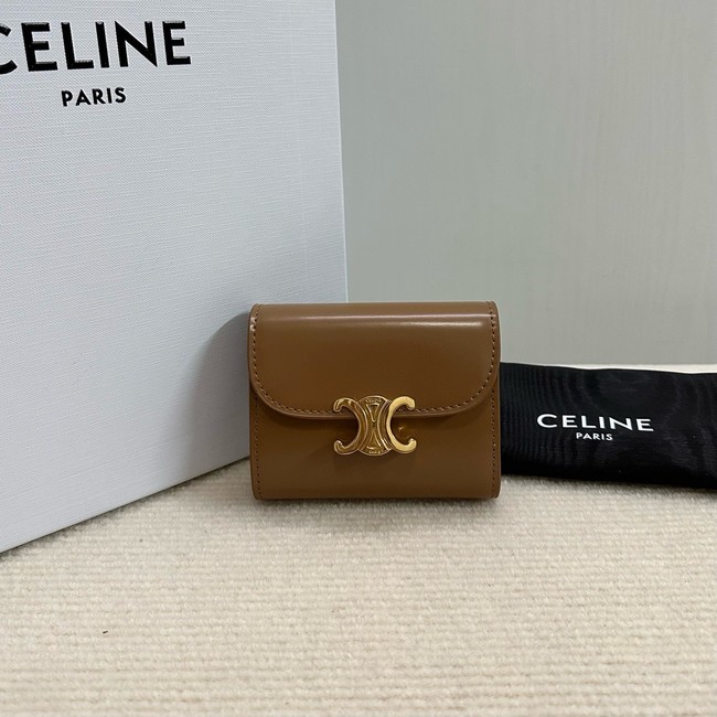 Celine SMALL FLAP WALLET TRIOMPHE IN SHINY CALFSKIN 10D783 Khaki