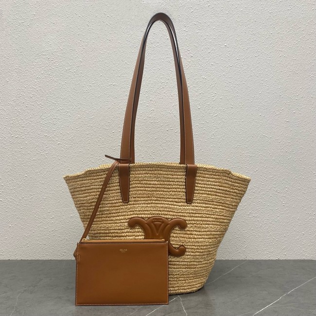 Celine MEDIUM SUPPLE CELINE CLASSIC PANIER IN RAFFIA AND CALFSKIN 114342 TAN