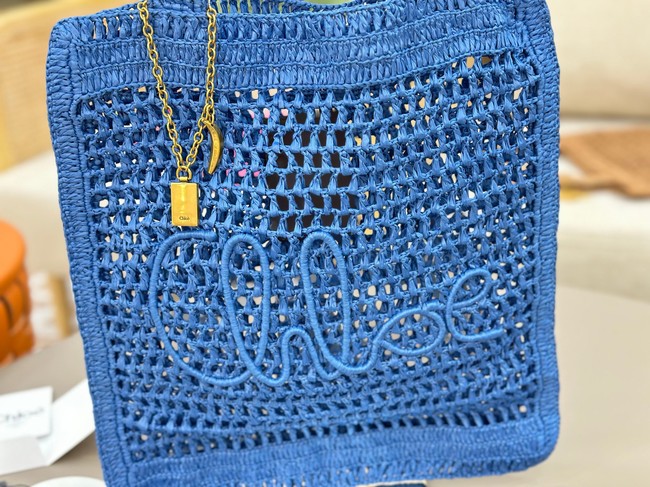 Chloe SUMMER straw and leather tote bag 0824P blue